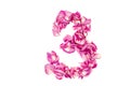 number 3 made from pink petals rose. Pink roses. Element for decoration. Royalty Free Stock Photo