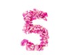 number 5 made from pink petals rose. Pink roses. Element for decoration. Royalty Free Stock Photo