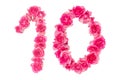 Number 10 made pink from roses on a white isolated background. Element for decoration. Anniversary, holiday