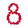 Number 8 made from red rose petals on a white isolated background. Element for decoration Royalty Free Stock Photo