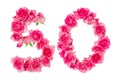 Number 50 made from pink roses on a white isolated background. Element for decoration. Anniversary, holiday Royalty Free Stock Photo