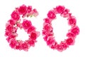 Number 60 made from pink roses on a white isolated background. Element for decoration. Anniversary, holiday Royalty Free Stock Photo