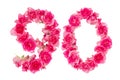Number 90 made from pink roses on a white isolated background. Element for decoration. Anniversary, holiday Royalty Free Stock Photo