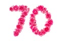 Number 70 made from pink roses on a white isolated background. Element for decoration. Anniversary, holiday Royalty Free Stock Photo