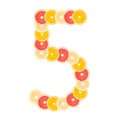 The number `5` made from sliced citrus fruits. Oranges, grapefruit. Isolated on white background Royalty Free Stock Photo