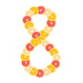 The number `8` made from sliced citrus fruits. Oranges, grapefruit. Isolated on white background Royalty Free Stock Photo