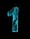 Number 1 made of turquoise splashes of water on black background