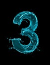 Number 3 made of turquoise splashes of water on black background