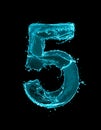 Number 5 made of turquoise splashes of water on black background