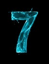 Number 7 made of turquoise splashes of water on black background