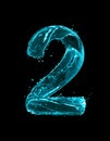 Number 2 made of turquoise splashes of water on black background