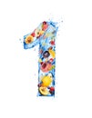 Number 1 made of water splashes with fruits and berries, isolated on a white background Royalty Free Stock Photo