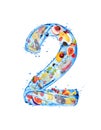 Number 2 made of water splashes with fruits and berries, isolated on a white background Royalty Free Stock Photo