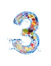 Number 3 made of water splashes with fruits and berries, isolated on a white background Royalty Free Stock Photo