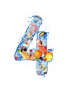 Number 4 made of water splashes with fruits and berries, isolated on a white background Royalty Free Stock Photo