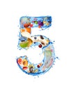 Number 5 made of water splashes with fruits and berries, isolated on a white background Royalty Free Stock Photo