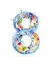 Number 8 made of water splashes with fruits and berries, isolated on a white background Royalty Free Stock Photo