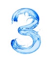 Number 3 made with water splashes, isolated on a white background