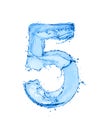 Number 5 made of water splashes, isolated on a white background