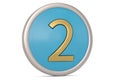 Number 2 mark icon blue glossy round button isolated on white background. 3D illustration Royalty Free Stock Photo