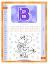 Letter B and funny cartoon hand drawn unicorn. Alphabet a-z. Coloring page. Printable worksheet. Handwriting practice.