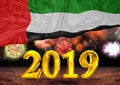 Number 2019, new year, behind the flag of United Arab Emirates, background fireworks