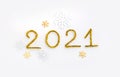2021 number for New year greeting card. Christmas Party decoration on white background. Golden tinsel and snowflakes