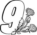 Number nine with dandelions. Page for children`s creativity. Coloring book page. Flowers and numbers. Vector numbers