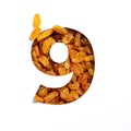 Number nine of dried berries and paper cut in shape of ninth numeral isolated on white. Natural typeface of raisins