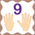 Number 9 nine, educational card,learning counting with fingers