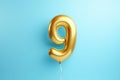 number nine golden balloon on blue. Generative Ai