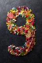 Number nine made from candies