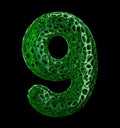 Number 9 nine made of green plastic with abstract holes isolated on black background. 3d