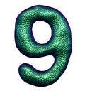 Number 9 nine made of natural green snake skin texture isolated on white