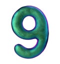 Number 9 nine made of natural green snake skin texture isolated on white