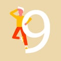 Number nine. A man in search of an answer to a question. A person holds on to a large number. A flat cartoon character