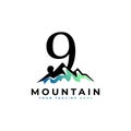 Number Nine Mountain Logo. Explore Mountain Advanture Symbol Company Logo Template Element