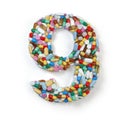 Number 9 nine. Set of alphabet of medicine pills, capsules,