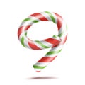 9, Number Nine Vector. 3D Number Sign. Figure 9 In Christmas Colours. Red, White, Green Striped. Classic Xmas Mint Hard Royalty Free Stock Photo