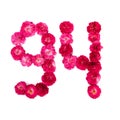 Number 94 from flowers of a red and pink rose on a white background. Typographic element for design. Royalty Free Stock Photo