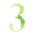 Number or Numeral Three Decorated with Green Foliage and Leaf Vector Illustration