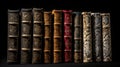 Number of old ancient books, library of knowledge textbooks. Black background isolate. AI generated. Royalty Free Stock Photo