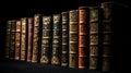 Number of old ancient books, library of knowledge textbooks. Black background isolate. AI generated. Royalty Free Stock Photo