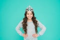 Number one. Kid wear golden crown symbol of princess. Girl cute baby wear crown blue background. Success and happiness Royalty Free Stock Photo