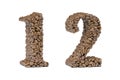 Number 1 one and number 2 two from coffee bean isoilated on white. Coffee alphabet font Royalty Free Stock Photo