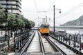 Number 2 orange tram passes along the Danube River from Erzhebet Bridge near Belgrade Embankment. Budapest, Hungary Royalty Free Stock Photo