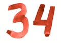 The number 34, painted with a brush in watercolor. Vintage symbol Royalty Free Stock Photo