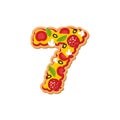 Number 7 pizza font. Italian meal alphabet numeral seven. Lettring fast food