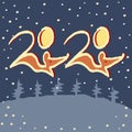 2020 number and rats on a winter snowy background with abstract christmas trees. The contours of the mice. Vector