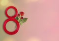 Number 8 from the ribbon greeting card design with beautiful red rose on colorful background, flat lay and space for Royalty Free Stock Photo